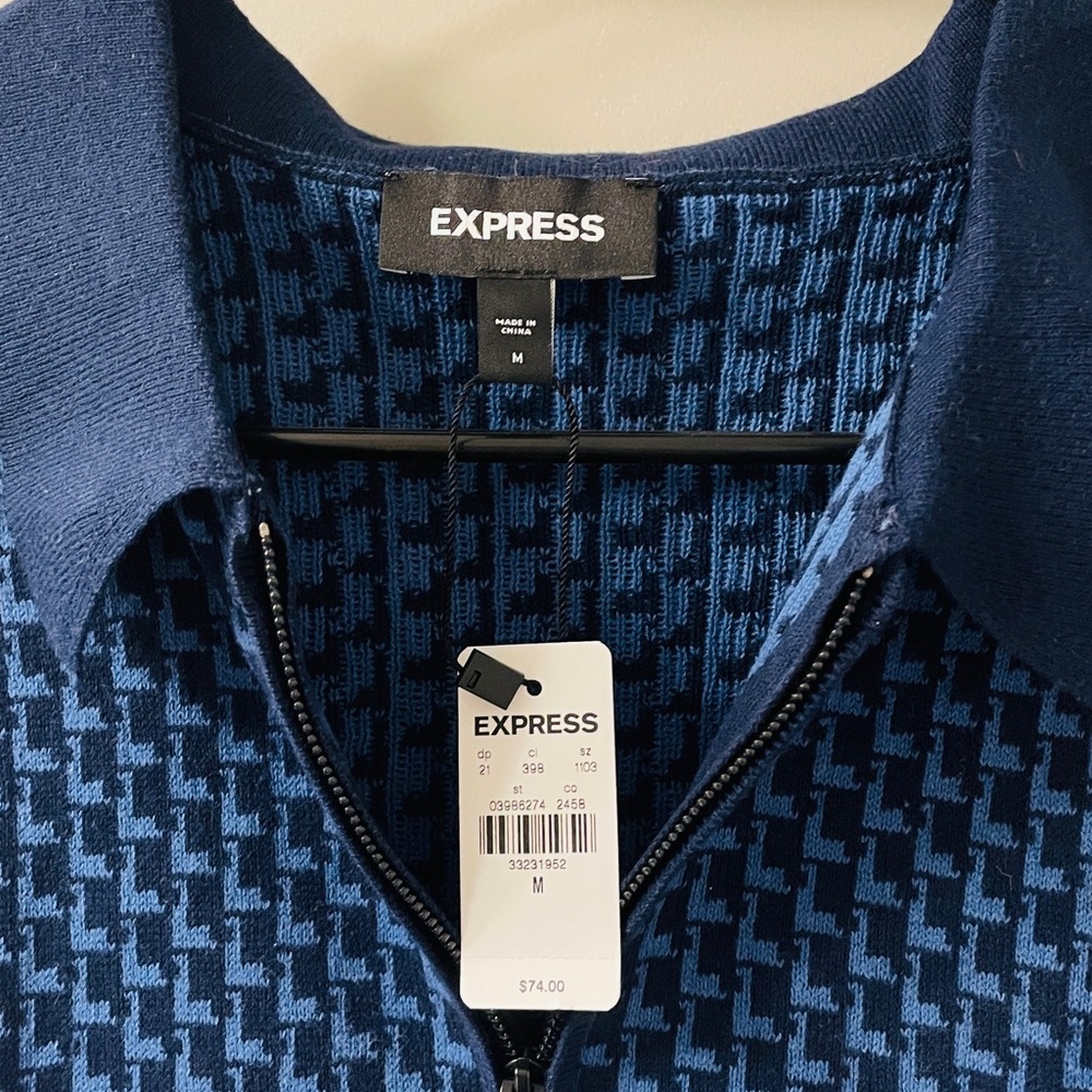 Express medium zip knit polo in black and blue houndstooth